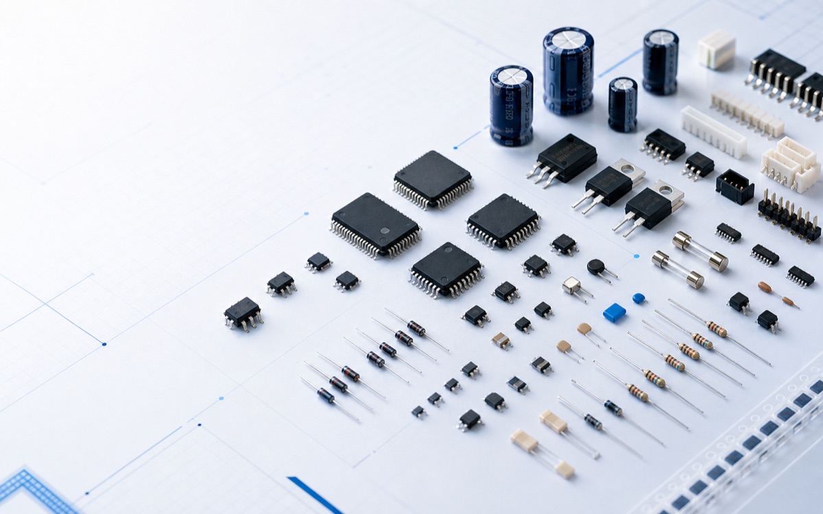 IC、電容、電阻、二極體、保險絲與少量連接器等電子零件集合